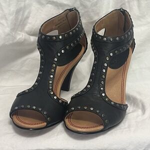 Trask Black Leather Brass Studs Shoe Heels‎ 7M Women's 36-0315